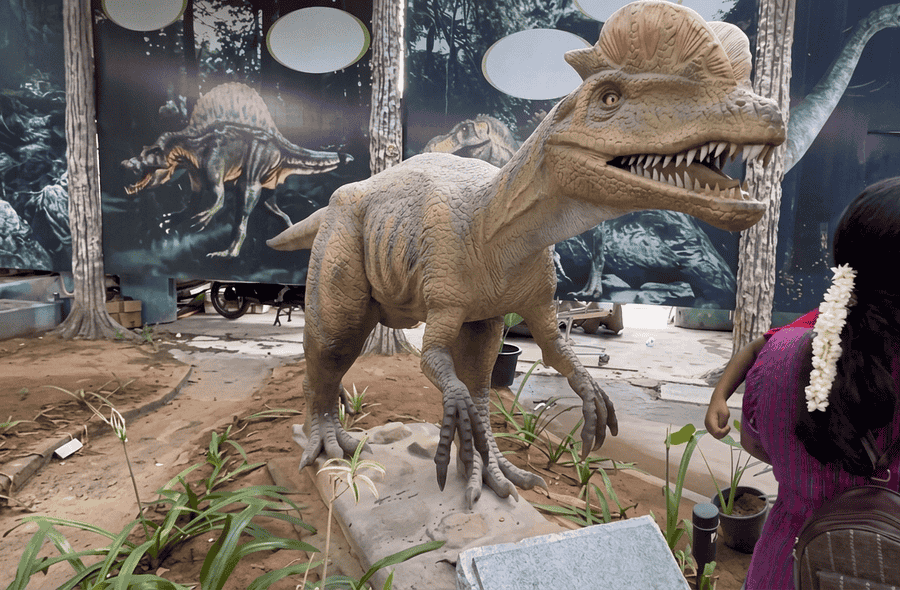 A realistic dinosaur replica featured inside the popular India Seashell Museum complex, highlighted as one of the best places to visit in Mahabalipuram for families.