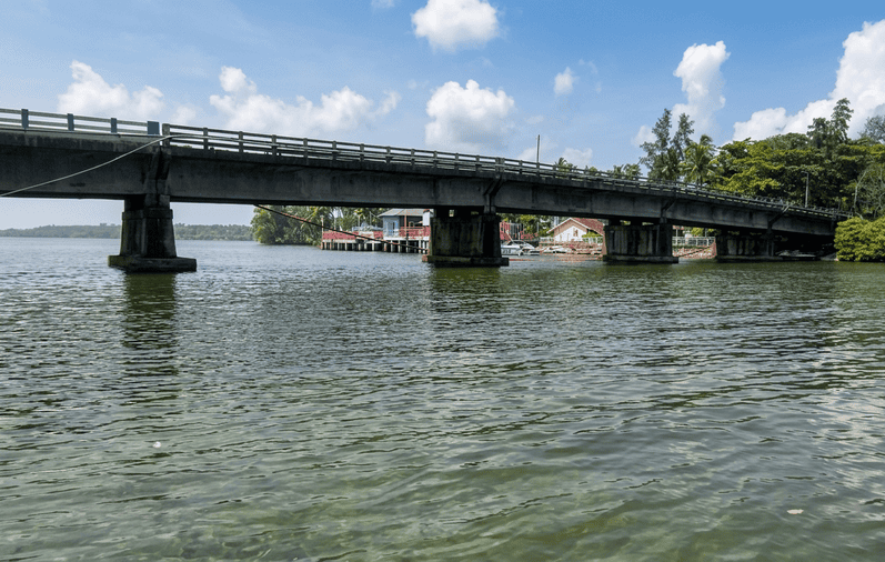 Scenic view of Kappil Lake backwaters and bridge under a blue sky – best places to visit Varkala guide