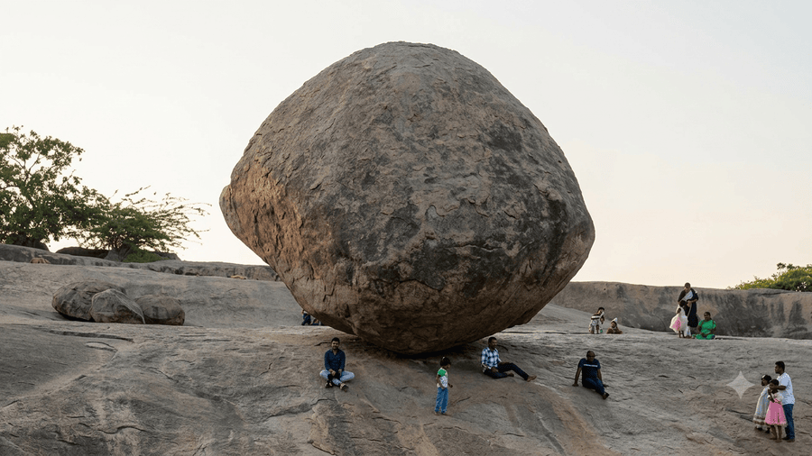 The massive, precariously balanced granite boulder known as Krishna's Butter Ball resting on a hillside, a famous landmark among the best places to visit in Mahabalipuram.