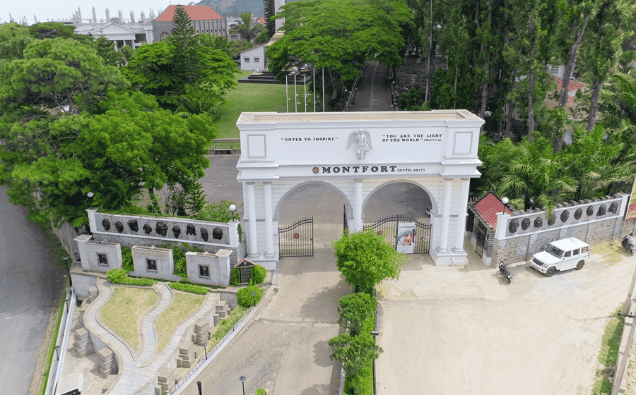 Aerial view of the historic Montfort School entrance, one of the best places to visit in Yercaud