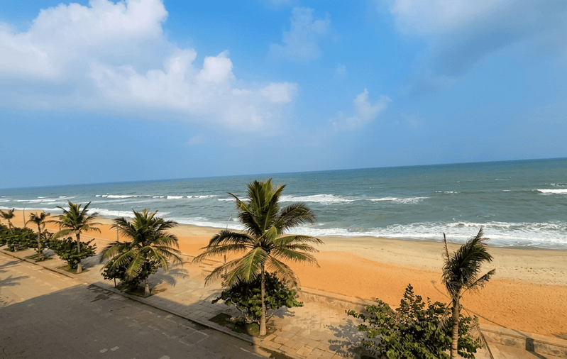 A panoramic view of Promenade Beach in Pondicherry (Puducherry), showcasing the wide golden shoreline, paved walkway lined with palm trees, and the ocean. It is one of the best places to visit Pondicherry for a scenic evening or a morning walk.