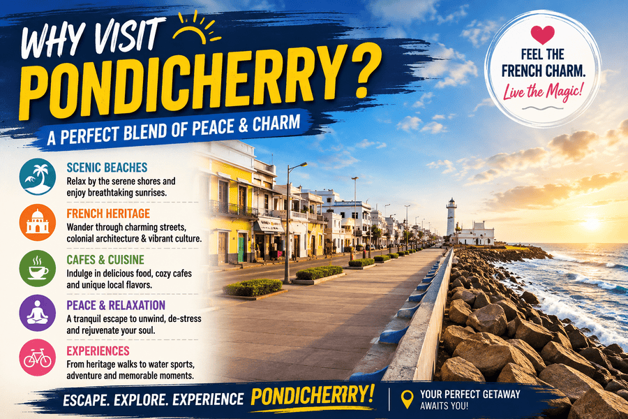 Why Visit Pondicherry for scenic beaches, French heritage, cafés and peaceful coastal views