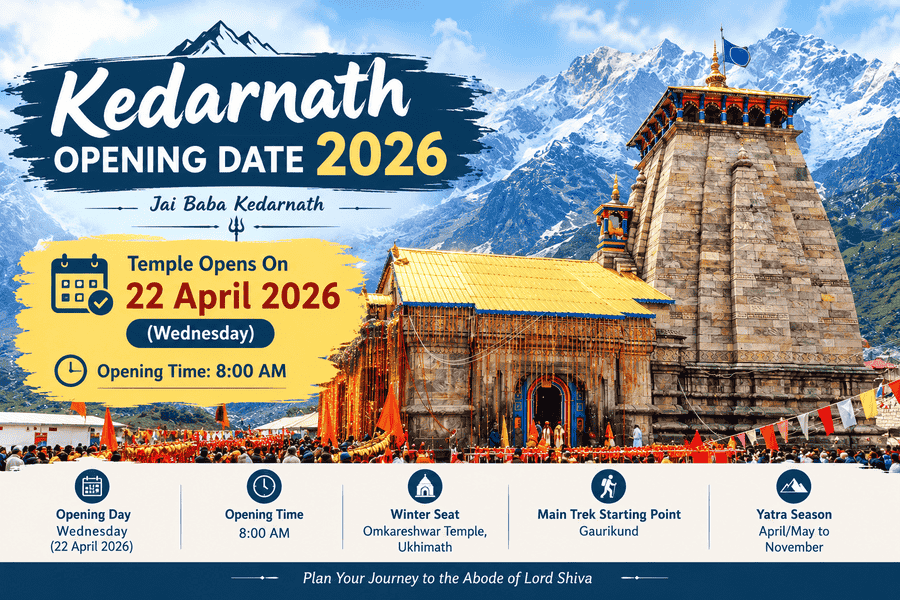 Kedarnath opening date 2026 infographic showing the temple opening on 22 April 2026 at 8:00 AM.