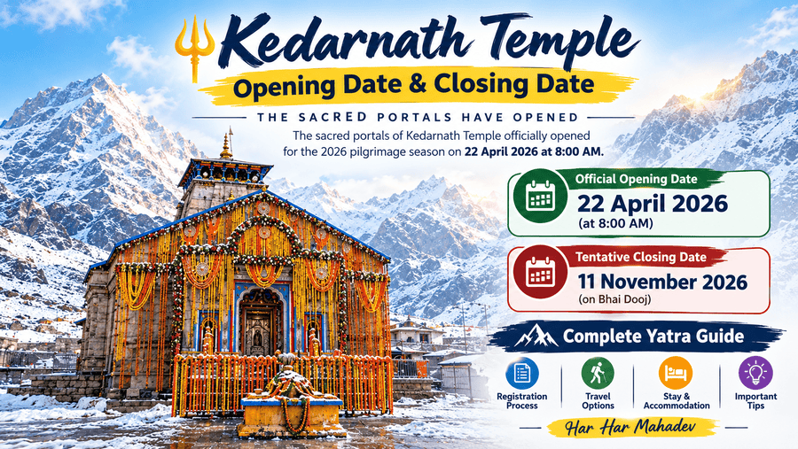 "Kedarnath Temple opening date 22 April 2026 and closing date 11 November 2026 complete yatra guide with snowy Himalayas view"